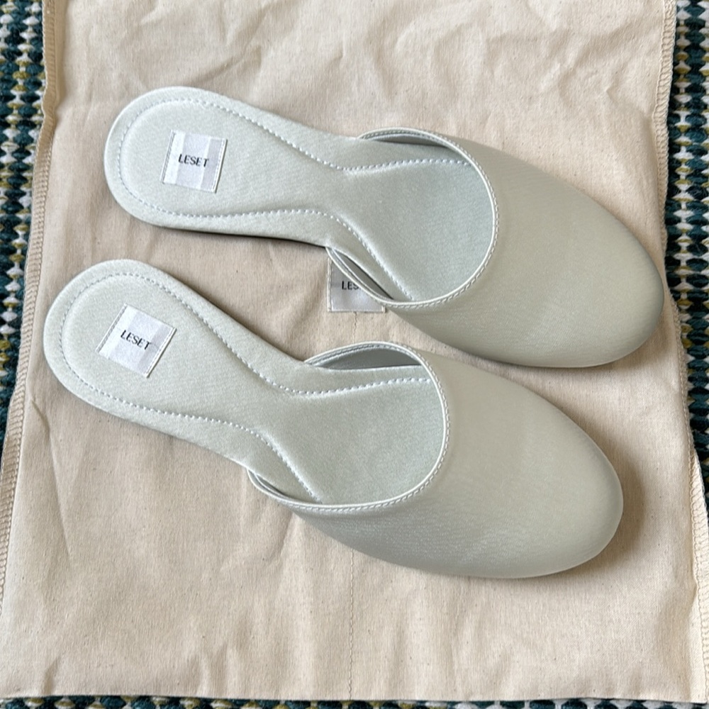 Leset Romy silk mules in celery, NWT, size 37